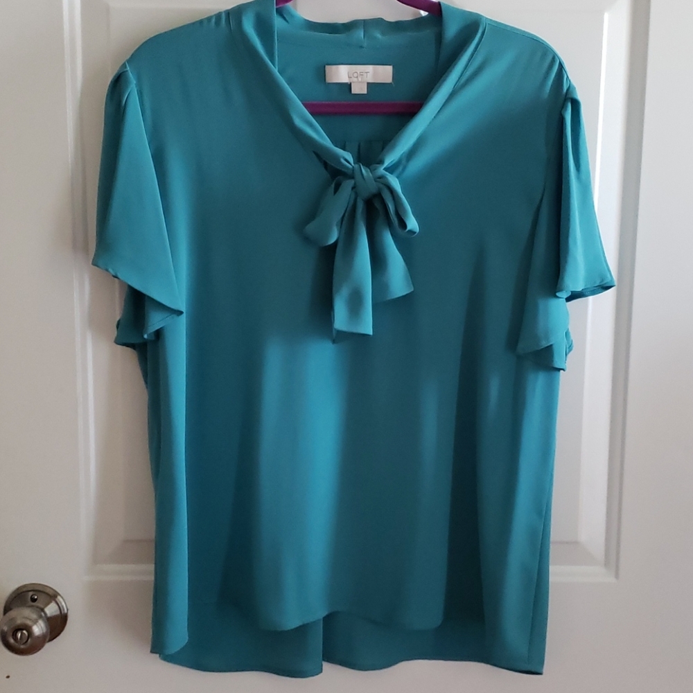 LOFT Teal Tie Neck Flutter Sleeve Blouse Size L